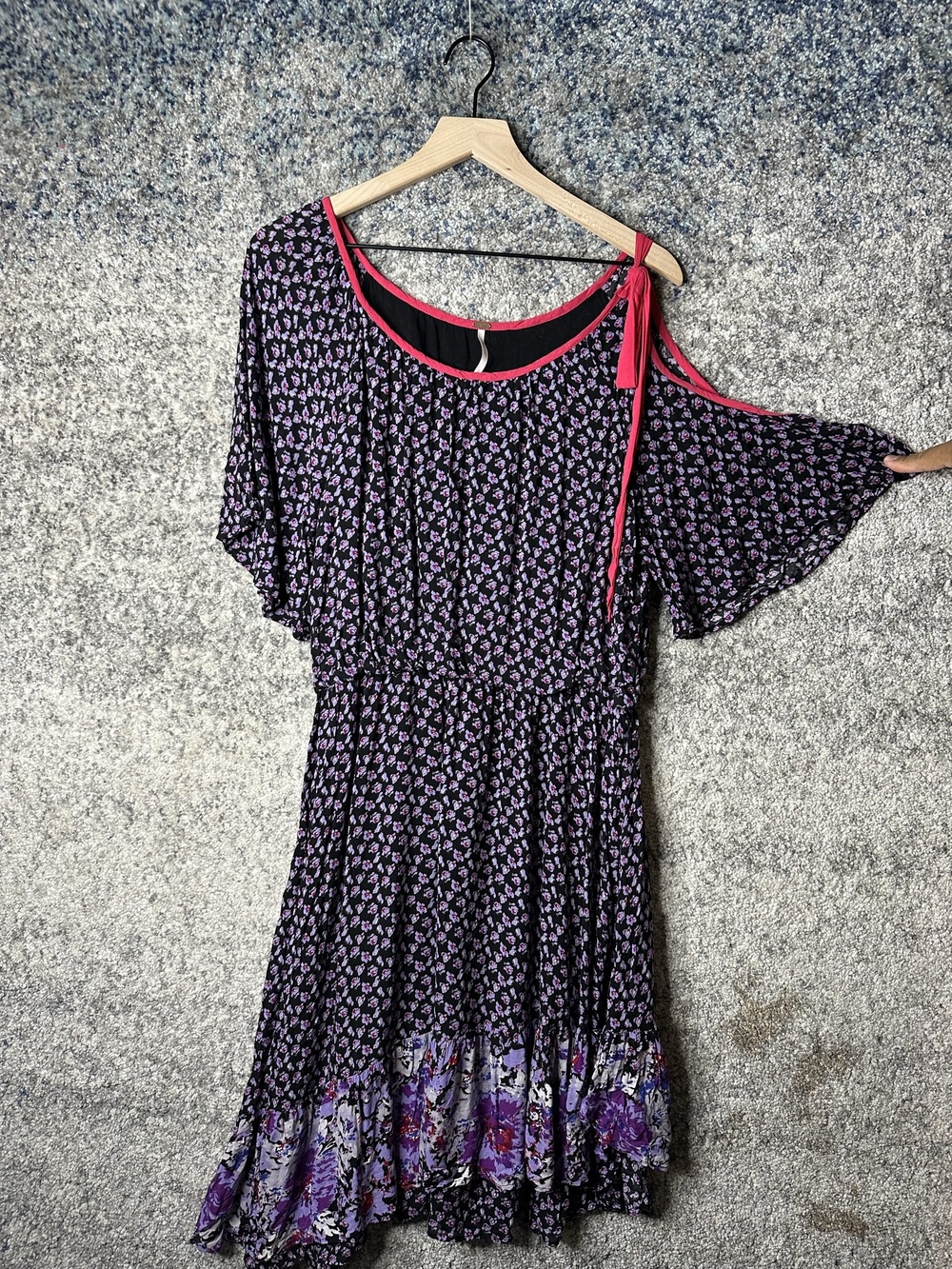 Free People Dress Womens Small Black Floral One Shoulder Ruffle Knee Length Boho